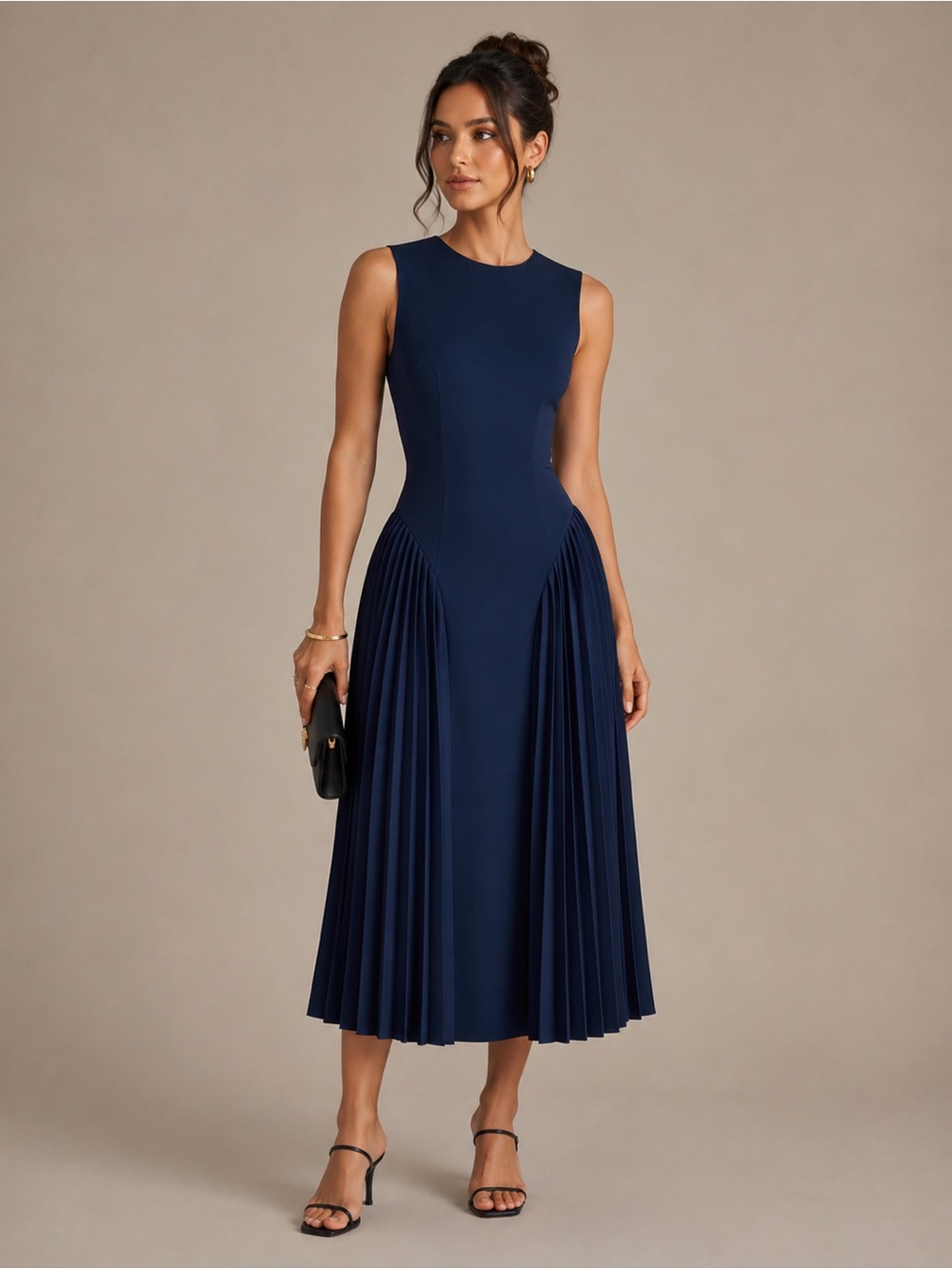 Sleeveless Fitted Pleated Maxi Dress